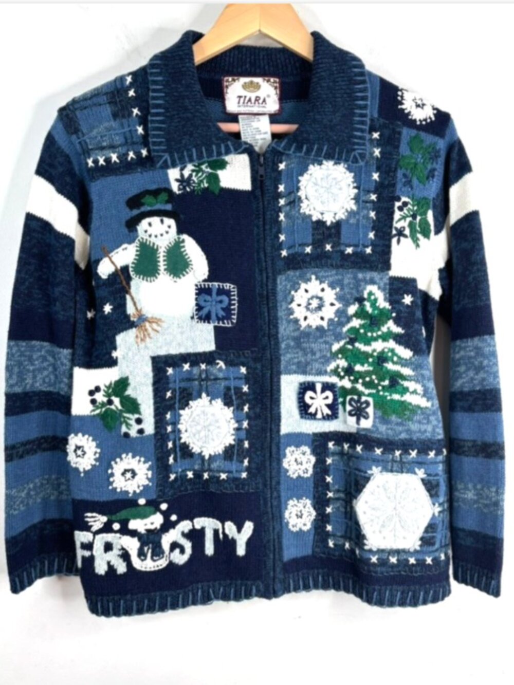 Tiara International Frosty Snowman Christmas Sweater S Cardigan Blue Patchwork